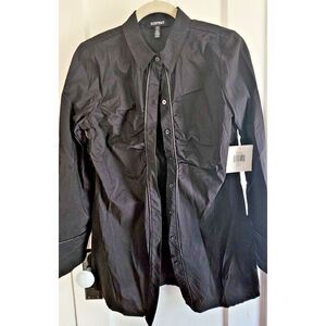 NWT ELLEN TRACY faux leather trim woman sz S ruched chest side slits black shirt